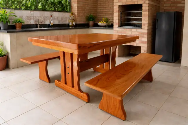 Mesa de jantar rústica de Angelim 1,60 m com 2 bancos