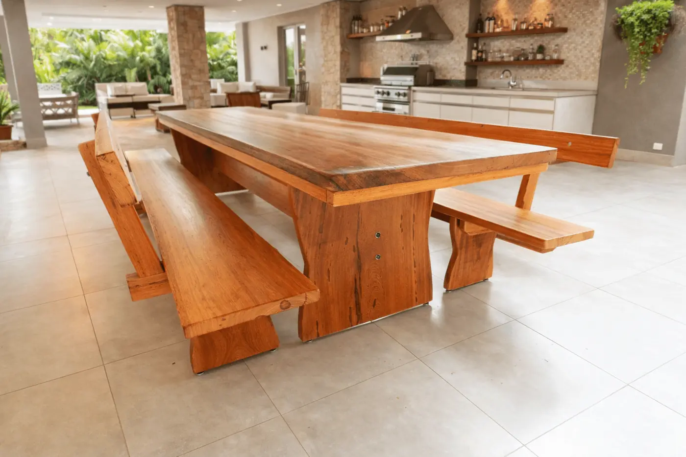 Mesa rústica de Angelim 2,80 m com 4 bancos com encosto, foto 2