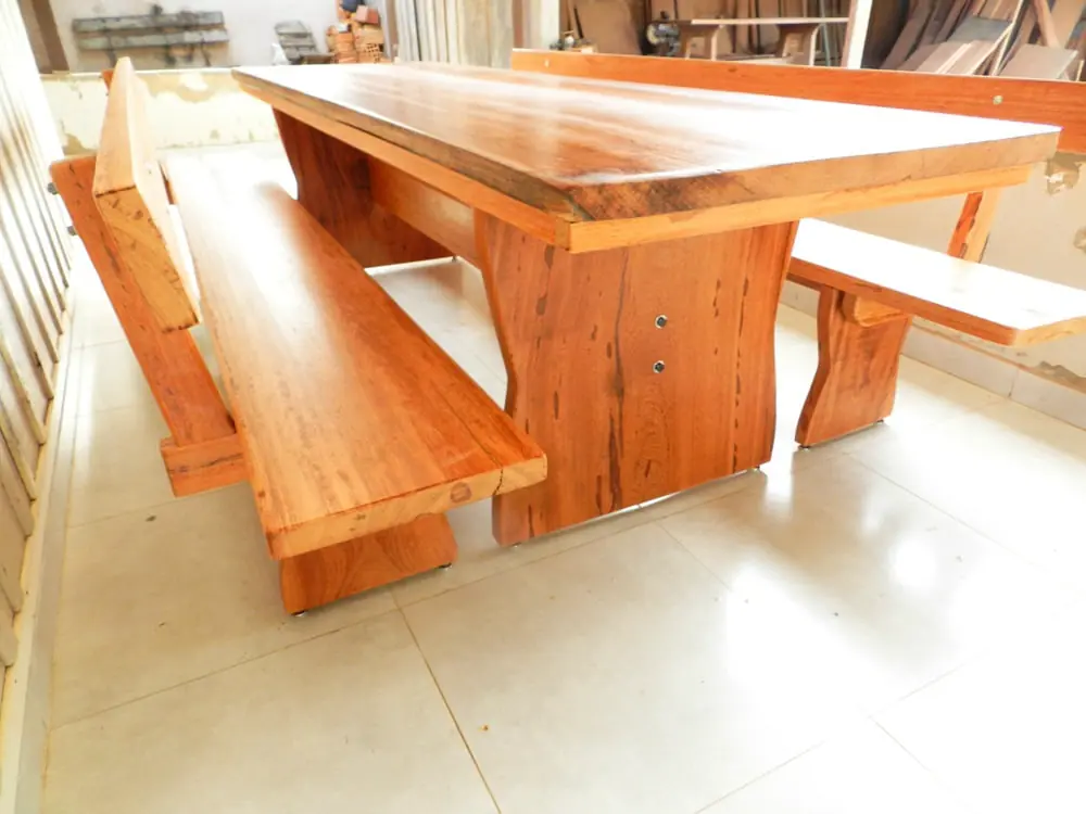 Mesa rústica de Angelim 2,80 m com 4 bancos com encosto, foto 6