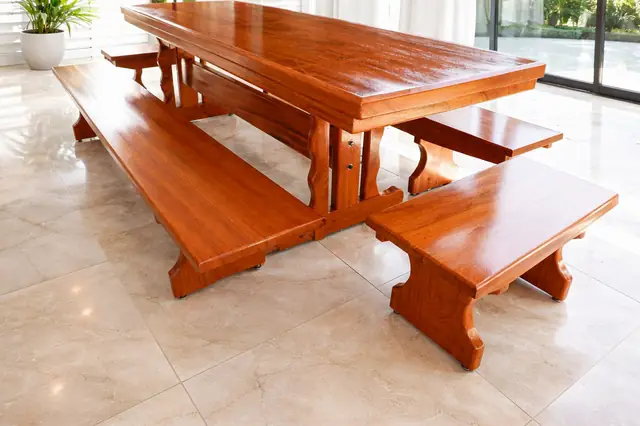 Mesa rústica para churrasco de Angelim 3,00 m com 4 bancos