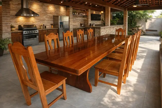 Mesa rústica para churrasco de Angelim 3,00 m com 10 cadeiras