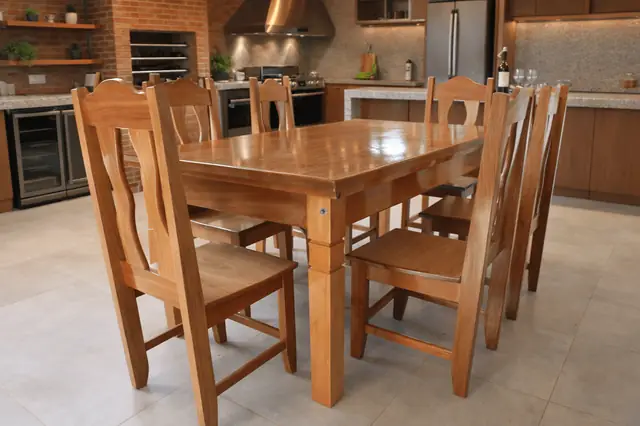 Mesa de jantar rústica de Jequitibá 1,60 m com 6 cadeiras