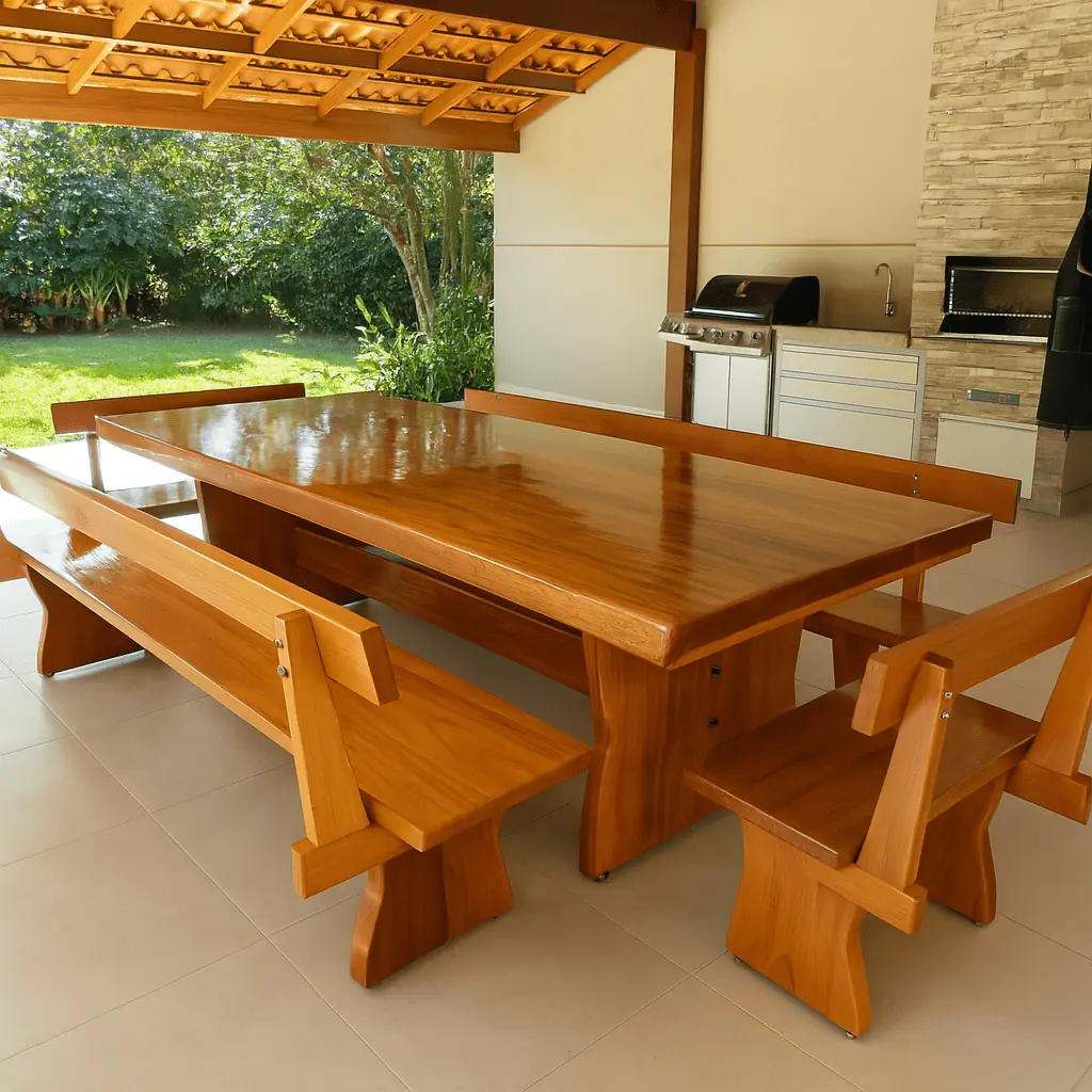 Mesa rústica de Jequitibá 2,50 m com 4 bancos com encosto, foto 4
