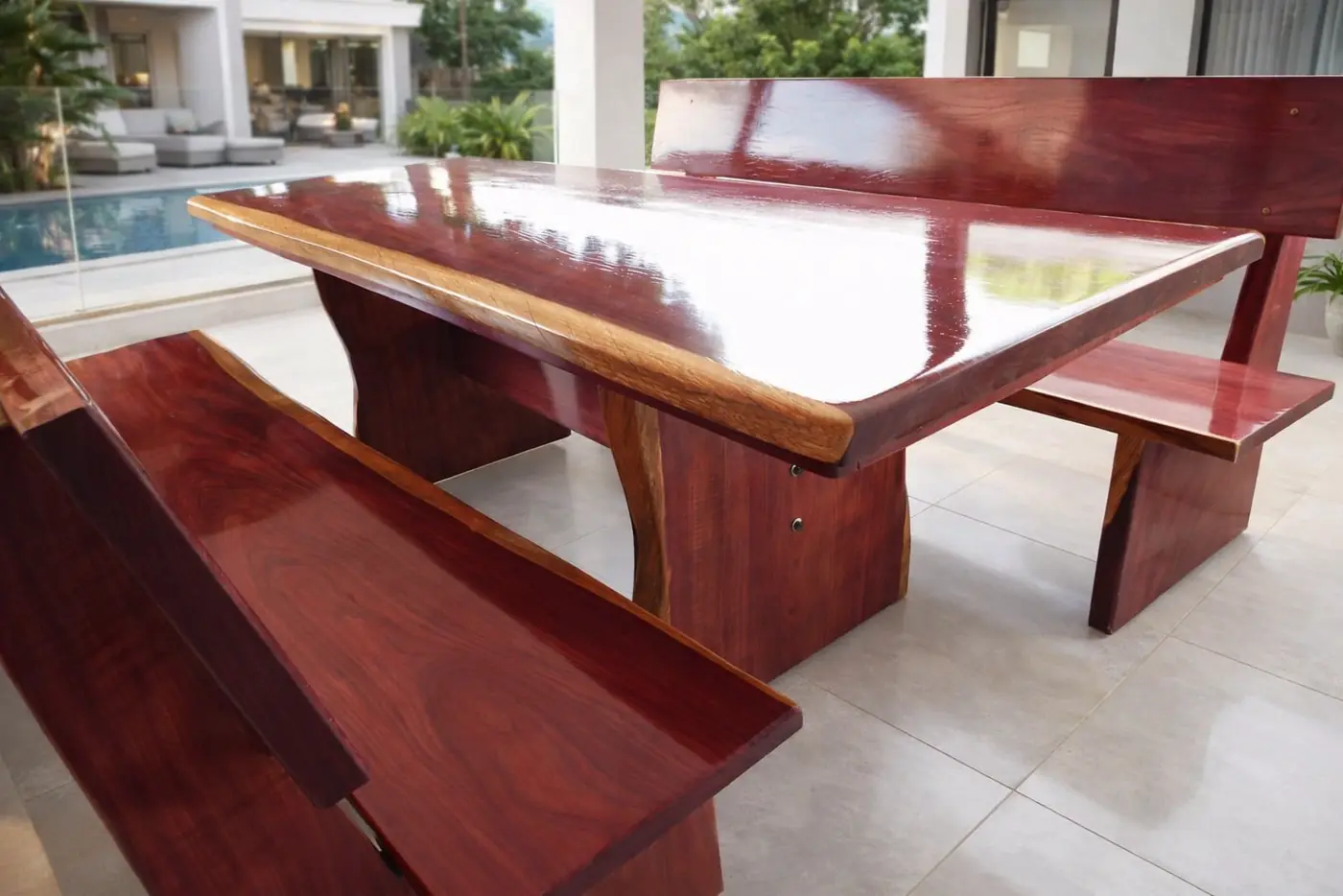 Mesa de jantar rústica de Roxinho 2,00 m com 2 bancos com encosto, foto 5