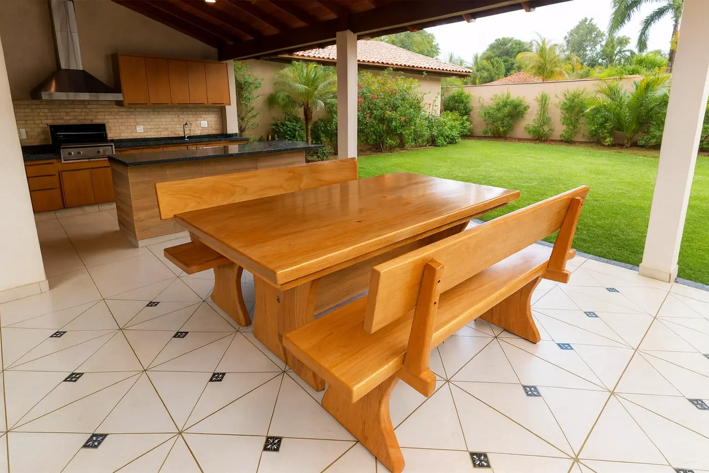 Mesa de jantar rústica de Tauari 2,00 m com 2 bancos com encosto, foto 6