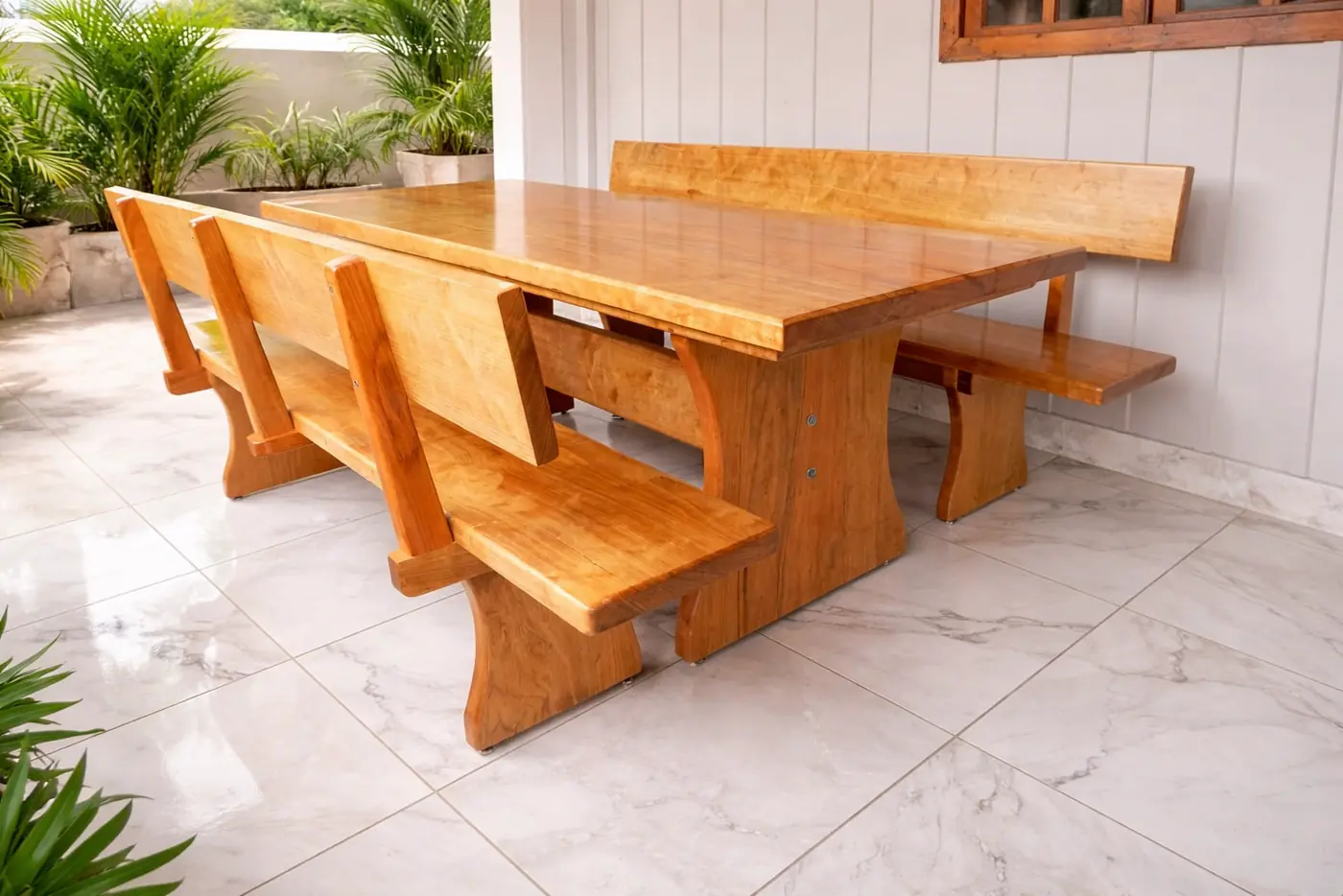 Mesa de jantar rústica de Tauari 2,50 m com 2 bancos com encosto, foto 2