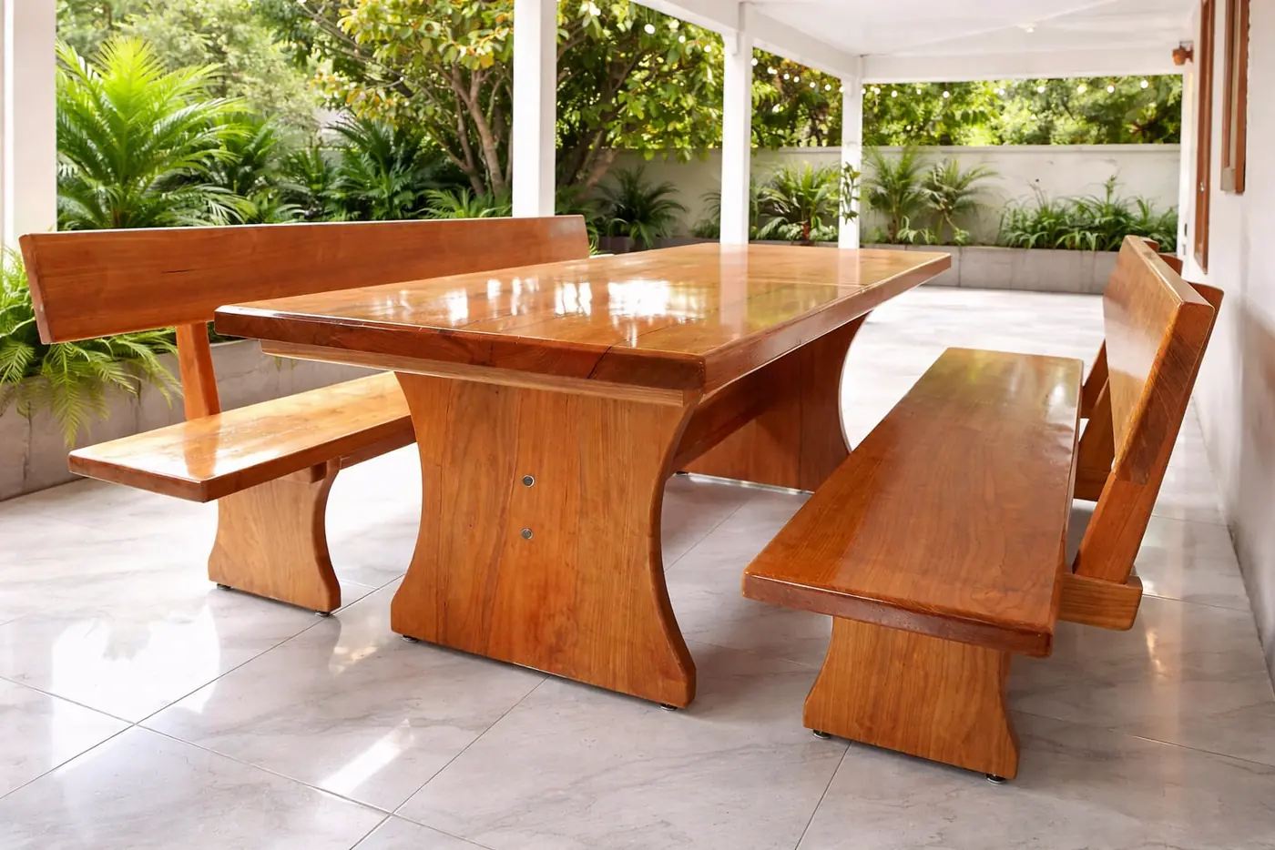 Mesa de jantar rústica de Tauari 2,50 m com 2 bancos com encosto, foto 6